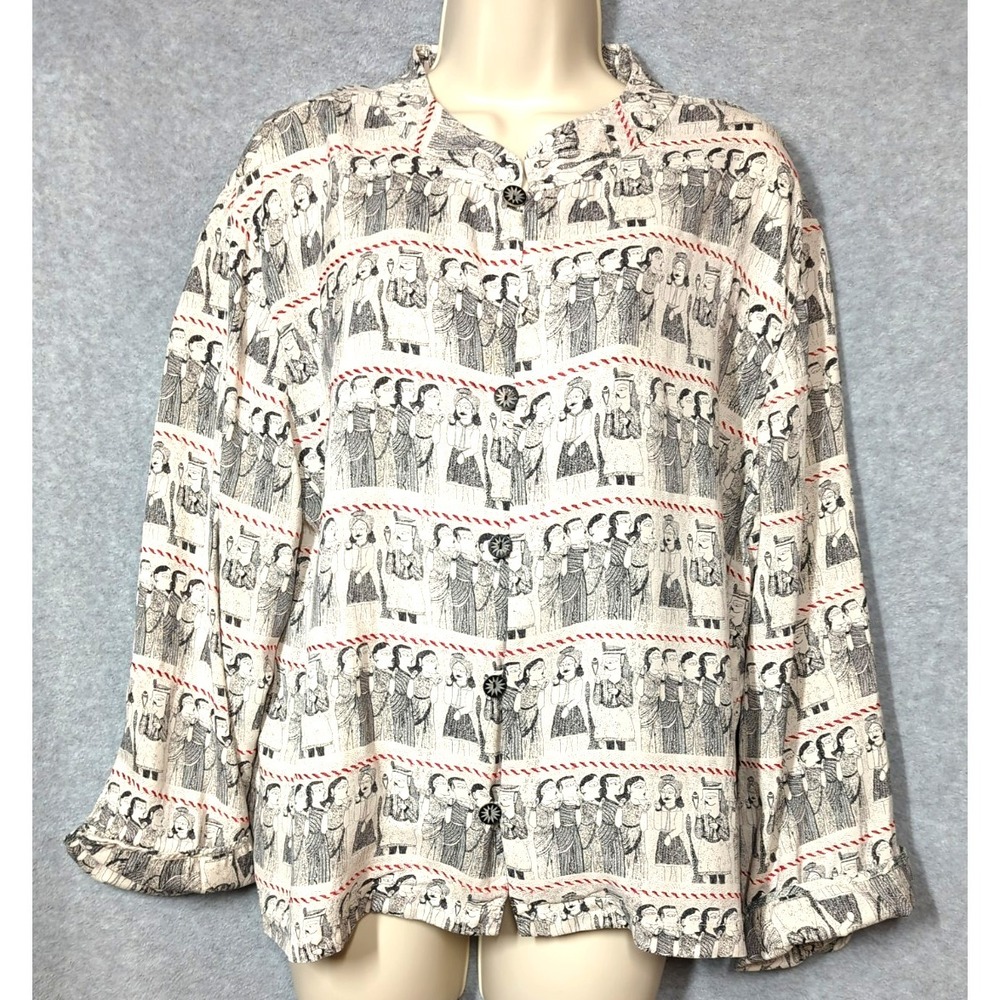 Vtg Chicos 90's Silk Embroidered Blouse XL Gray Red Button Up Stunner Buttons